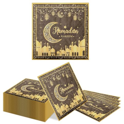 Kotkiddy 40 Pack Serviettes en Papier Noir Or Design Eid Ramadan Mubarak Thème Deux Couches Eid Mubarak Accessoires De Fête Lune Découpée avec Motif De Lune Décorations S