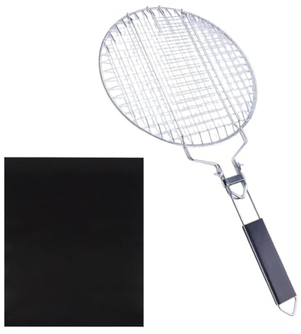 FUBESK Edelstahl Grillkorb für Pfannenwender mit Holzgriff für BBQ, 55 x 28 x 18 cm