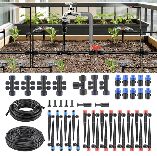 Upgrade Quick-Connector Irrigation System Kit,Automatic Garden Watering System with 70m(1/4)+10m(1/2) Tubes,Plant Watering Devices with 3 Types of Nozzles for Garden,Patio,Yard,Lawn,Greenhouse