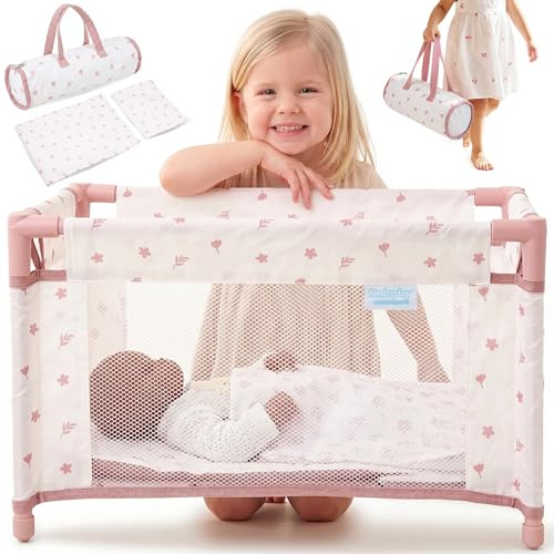 Kinderplay Puppenreisebett faltbar bis 46 cm mit Tragetasche und Bettwäsche Puppenbett für Baby Born und Baby Annabell leichtes Spielzeug Reisebett mit Netzseiten