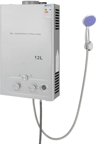 Gasdurchlauferhitzer Sofortiger Gas, Durchlauferhitzer LPG Wandmontage, Camping und Outdoor Warmwasserbereiter, 16–32kW, konstante Temperatur, Energiesparend, mit Duschkopf und Schlauch (12L)