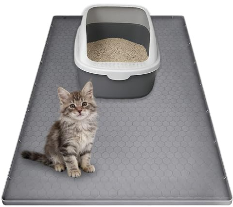 CAAGGMM Kattsandsmatta – 86 x 56 cm – i silikon – Med höjda kanter – För kattsand och foder – Grå