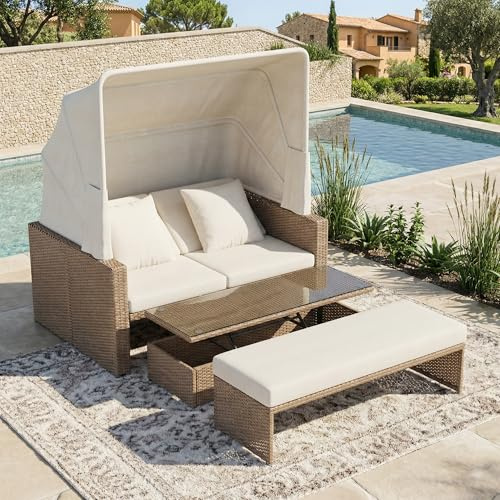 Dolamaní Polyrattan Gartenmöbel für 2-4 Personen, Gartensofa mit Abnehmbare Markise, Lounge möbel Outdoor mit Verstellbarer Couchtisch, Sonnenliege mit Sitz- & Rückenkissen (Khaki)