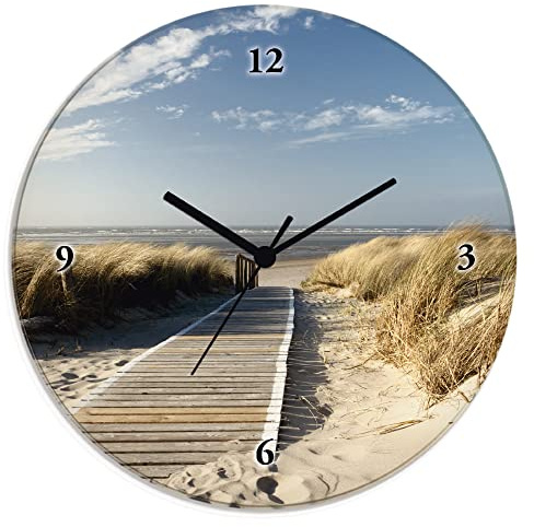 ARTLAND Wanddeko Wanduhr ohne Tickgeräusche Glas Quarzuhr Ø 30 cm Rund Lautlos Nordseestrand Langeoog