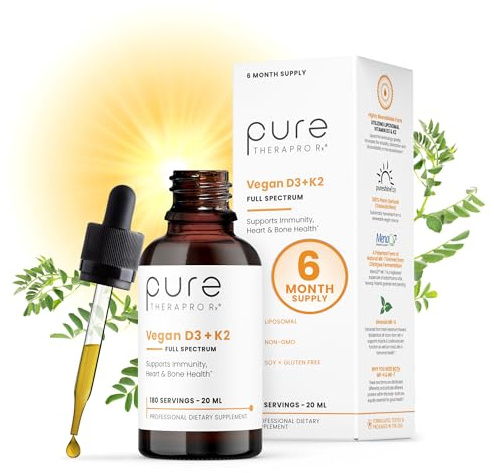 Pure Therapro Rx Vegan D3 + K2 Organic 100% Liposomal 20ml Made in USA | 6 Month Supply | Maximum Absorption Vitamin D3 and Vitamin K2 Supplements for Men and Women, D3 Vitamin 5000 IU