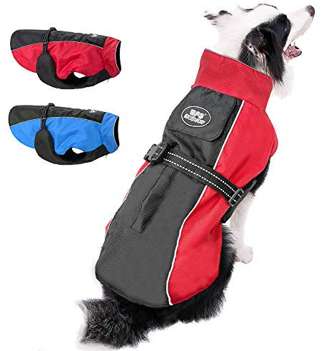 Beirui Reflektierende wasserdichte Hunde-Winterjacken für große Hunde – winddichtes Fleece gefüttert, warme Hundemäntel mit Geschirr und Leinen-Löchern, rot, 5XL
