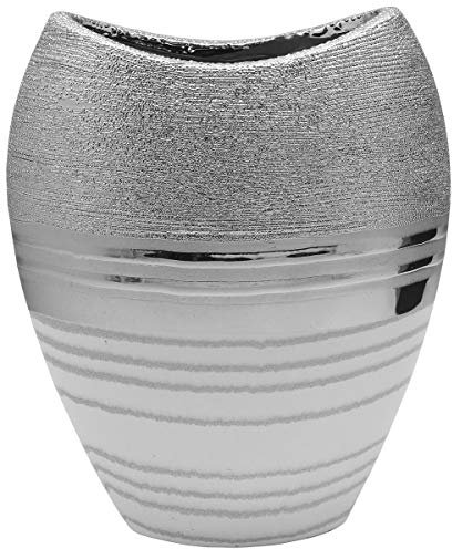 Moderne Dekovase Blumenvase Tischvase Vase aus Keramik weiß/Silber 18x21 cm