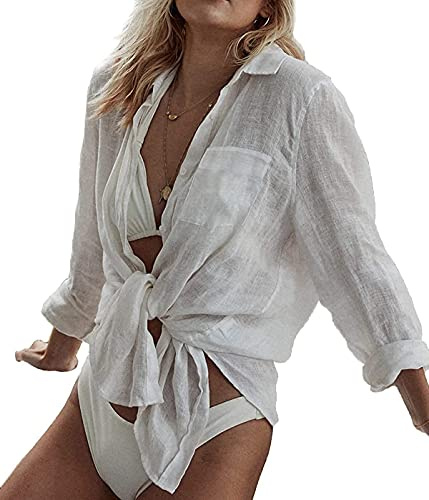 JFAN Camicia Lunga Donna Vestito Copricostume Donna Mare Colletto in Piedi Abito in Camicie Forti A Manica Camicie con Nodo Casual Cover up Bianco