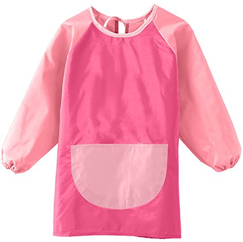 Herbests Bastelschürze Kinder, 9-12 Jahre Kinder Malkittel Malschürze Wasserdichter Kunstkittel mit mit Langen Ärmeln & Taschen für Malen, Kochen, Basteln, Ton für Jungen und Mädchen,Rosa