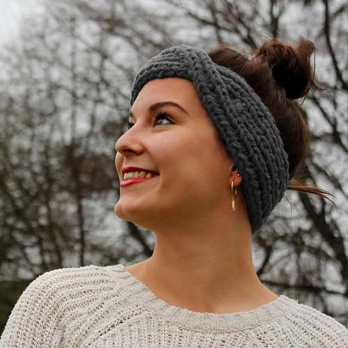 myboshi Strickring-Set Stirnband Arona für Anfänger, inkl. No.1-Wolle, Anleitung, Wolle und Label, Loom-Set 30% Merinowolle Grau, mit Strickring