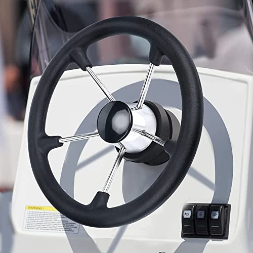 Geloo Volante de Acero Marino Inoxidable con Espuma Sintética Negra 5 radios 13-1/2 Antideslizante y Antisudor para Bote Yate Lancha Rápida