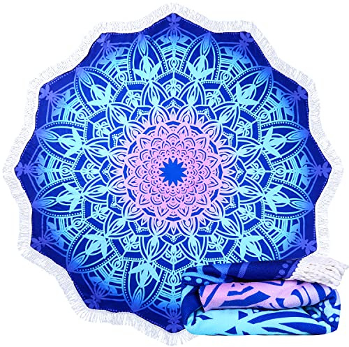 Large Microfiber Boho Mandala Beach Towel Round Bohemian Beach Blanket Hippie Indian Throw Blanket Beach Tapestry Sand Free Quick Dry Yoga Picnic Mat Wall Decor Circle Tablecloth,59'',Ocean Blue