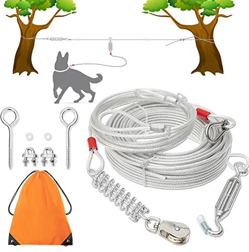 Cable de Amarre para Perro, Cable de 100 pies de Largo con Cable de Correr de 10 pies para Entrenamiento de Patio, Correr, Camping, Senderismo, outdooor – Correa de Plomo Resistente a Prueba de