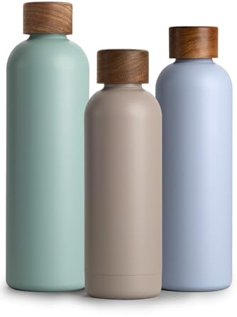 T&N Edelstahl Trinkflasche 500ml, Thermosflasche 0.5l mit Akazienholz Deckel, Isolierte Wasserflasche auslaufsicher bei Kohlensäure, Isolierflasche 500 ml - Mud Grey