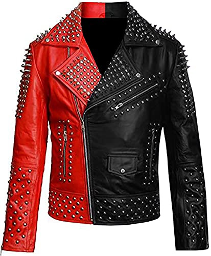 UGFashions Mens Brando Studded Red Black Motorcycle Rock Punk Spiked Biker Real Leather Jacket Red and Black