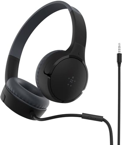 Belkin Casque audio filaire SoundForm Mini (pour enfants, circum-aural, micro intégré, pour apprentissage en ligne, école, voyage, jeu, pour appareils dotés d'un port audio 3,5 mm, noir)