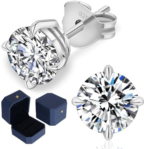 KRKC Moissanite Stud Earrings for Women Men, 0.6-3CT Lab Created Diamond Earrings 14K White Gold Plated, Hypoallergenic Secure Solitaire Studs, Sterling Silver Jewellery Birthday Gift for Wife Mum