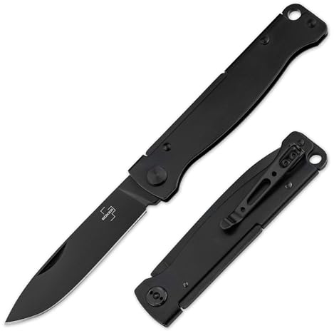BÖKER PLUS® Atlas All Black - schwarzes Zweihandmesser mit Clip legal - kleines Slipjoint Messer 42a konform - EDC Taschenmesser mit 6,7 cm Sandvik Droppint Klinge - Outdoor & Survival Klappmesser