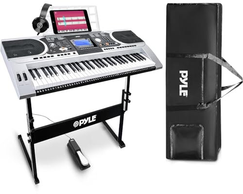 Pyle 61 Keys Electric Keyboard Piano, Kids Music Digital Piano Keyboard with Stand for Beginners, Adult Electronic Keyboards, Portable Musical Karaoke Instrument w/ Sustain Pedal/Case/Headphones