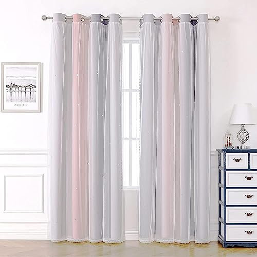 Blackout Curtains for Living Room Bedroom Home Kids Nursery Girls 46 x 54 inch Drop, 2 Panels Thick Soundproof Thermal Curtains for Winter, Voile Net Curtains for Windows Pink Grey