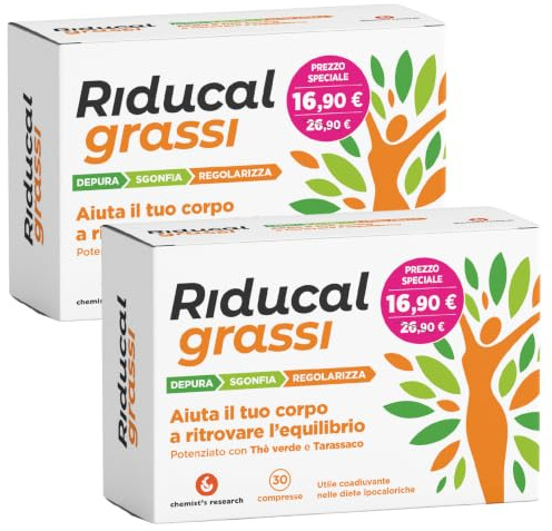 CHEMIST’S RESEARCH RIDUCAL GRASSI | Integratore Alimentare Vitamine, Fibre, Estratti Vegetali, Coadiuvante e Mantenimento del Peso Corporeo, Senza Glutine, Senza Lattosio | 60 Compresse (2 Confezioni)