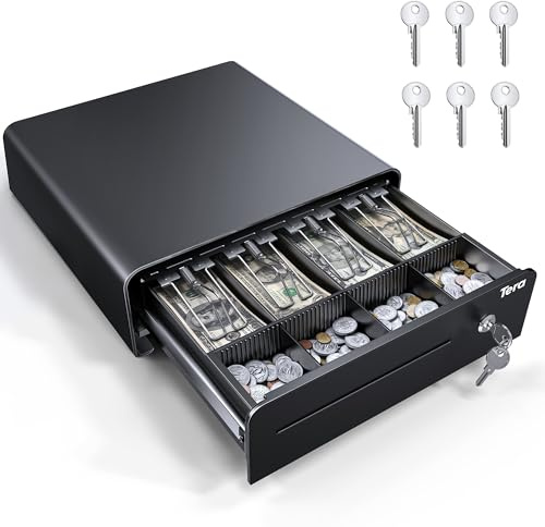 Tera Cash Register Drawer 13: for Point of Sale (POS) System with 4 Bill 4 Coin Cash Tray Removable Coin Compartment 24V RJ12 Key-Lock with 6 Keys Media Slot for Stores Shops and Businesses 335R