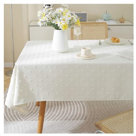 AMDXD Tischdecke Weiß, Punkt Tischtücher Baumwolle Leinen, Tischtücher Biertisch Wasserabweisend für Wohnzimmer, Esszimmer, Balkon, Garten, 135x240CM