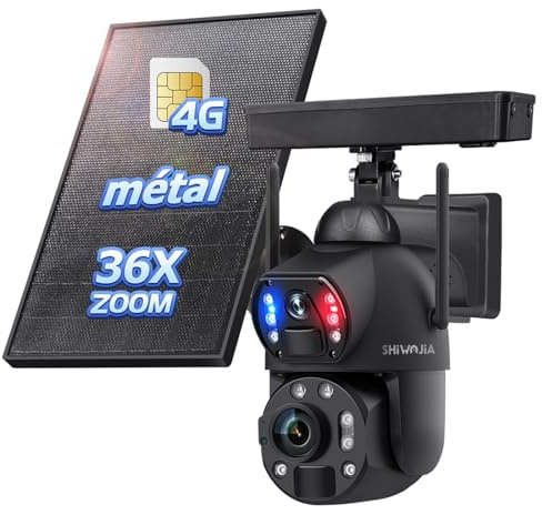 SHIWOJIA Telecamera di Sorveglianza con Scheda SIM e Pannello Solare, Fotocamera 6MP con Zoom Ottico 36X, Rilevamento Umano Dual PIR/Metallo, Visione Notturna a Colori/Doppio Obiettivo/IP67