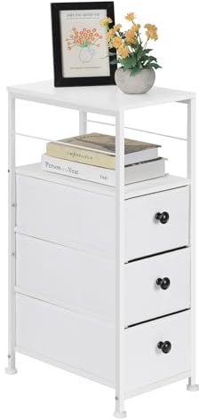 Shinoske Kommode Schmal, Aufbewahrungsschrank mit 3 Schubladen aus Stoff und Holzregal, Aufbewahrungskommode Kommodenschrank für Schlafzimmer Wohnzimmer Kinderzimmer Flur, Metallrahmen, Weiß