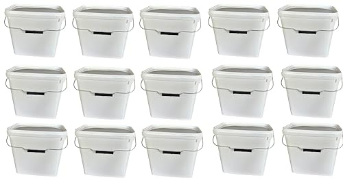 Silplast Lot de 15 seaux rectangulaires de 10 litres avec couvercle blanc - Empilables - Avec poignée en métal - Seau à miel - En plastique - Pour l'alimentation