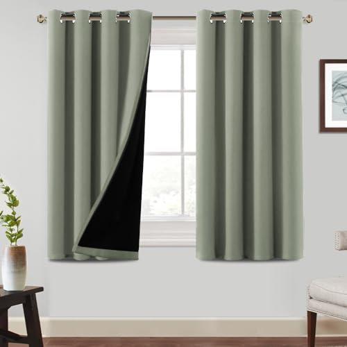 BellaHills 100% Vorhänge Blickdicht mit Ösen, Schöner Weicher Verdunklungsvorhänge, 2er Set Gardinen Abdunkelnd Schlafzimmer Wohnzimmer Thermovorhang Kälteschutz H145 x B140cm, Salbei hell