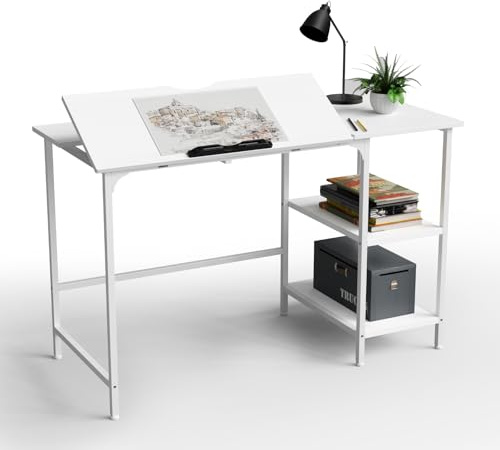 OXFENSEE Computertisch mit Regal, Schreibtisch, Einfacher Moderner PC Tisch mit 0°-65° Verstellbare Tischplatte, Geeignet für Wohnzimmer, Zuhause (Weiß, 120x55x75 cm)
