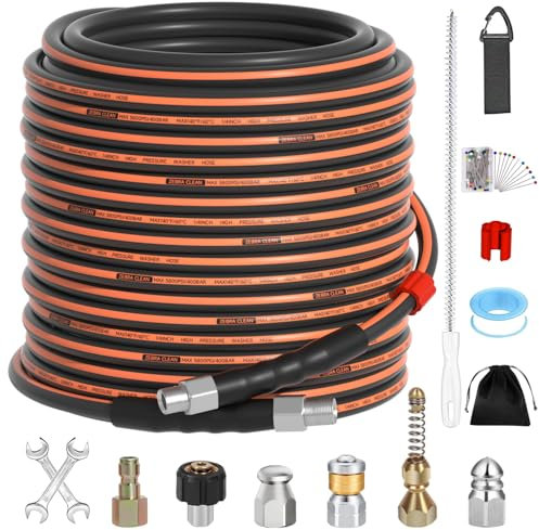 100FT Sewer Jetter Kit for Pressure Washer, 1/4 NPT Corner Drain Cleaner Hose 5800 PSI with Sewer Jetting Nozzles, Pearl Corsage Pin, Waterproof Tape, Extension Cord Organizer&2 Spanner