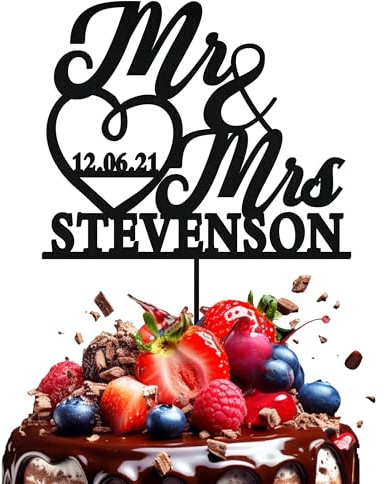KreateSquare Personalised Wedding Cake Topper, Custom Name & Date, Mr and Mrs Cake Topper, 3MM Wooden, Ideal Wedding Decoration, Engagement Decoration, Bride and Groom Cake toppers (Black Wood)