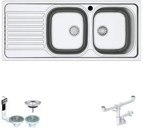 ATL1162LVE ● Lavello Incasso Cucina FHULLER Serie ATLANTE Acciaio Stampato Prelucido cm. 116 X 50 2 Vasche Destre 37 X 33 Altezza 15 e Gocciolatoio Sinistro - Piletta da 3,5 Grande● Made in Italy