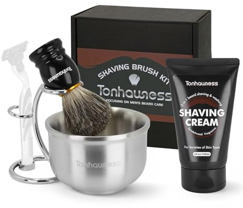Kit de blaireaux de rasage 4 en 1 pour homme comprenant un blaireau de rasage en poils de blaireau, une crème de rasage en bois de santal, un bol de rasage en acier inoxydable et un support