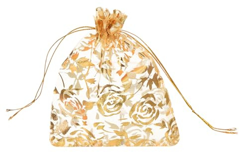 QUARKZMAN 50 stycken organzapåsar, 10 x 12 cm, presentpåsar, smyckepåsar, blommigt mönster, mesh-påsar med dragsko, organzapåsar för bröllop, fest, jul, godis, guld