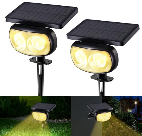 Moxled Solarlampen für Außen Garten, 3000K Warmweiß Solar Strahler 2 Stück, IP65 Wasserdicht Gartenleuchten, 11 Modes Solarleuchten für Außen Garten, Hof, Gehweg