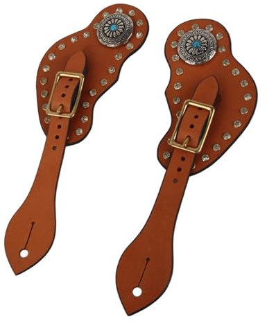 Baxnore Sporenriemen aus Leder im Western-Vintage-Stil, verstellbare Schnalle, Strass-Dekoration, Rindsleder, 25 cm, Reittraining, Schutzausrüstung