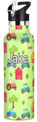 Botella de agua personalizada para niños, botella de agua de acero inoxidable personalizada para viajes o escuela, sin BPA, bonitos tractores