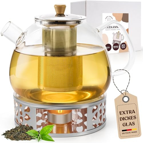Happy Lemuro Teekanne mit Stövchen Set - 1,5 Liter - Erhöhte Glasstärke - Glas Teekanne mit Teestövchen - robuster Teezubereiter für losen Tee - Glaskanne Tee - Teegeschirr