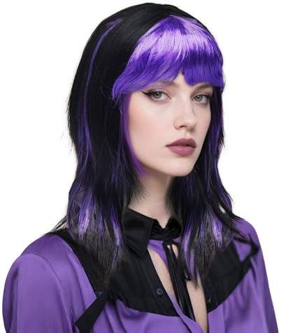 SAIIURV Hexen Perücke Damen Lange Glatte Doppel Schwarze Purple Perücke Hexen Kostüm Accessoire für Halloween Maskenball Karneval Party (Schwarz Purple)