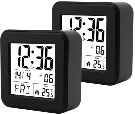 2 PCS Réveil Numérique, Réveil Radio Piloté, Horloge Numérique A Piles, Réveil De Voyage, 12/24h, 8 Langues, Avec Fonction Snooze, Con Función De Temperatura Y Fech Pour Voyages, Chambre, Bureau(Noir)