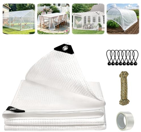 Clear Tarpaulin Waterproof Heavy Duty 2m x 2m 130 GSM Waterproof Tarpaulin Cover Sheet with Eyelets, 10m Rope, 8 Bungees Ball Cords and Tarpaulin Repair Tape PE Clear Tarp for Chicken Coop Greenhouse