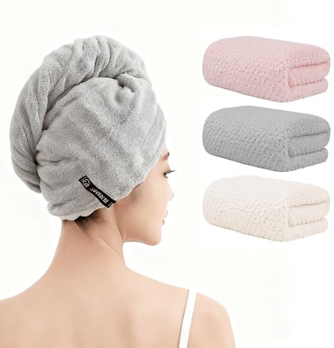 Haarturban 3 Stück Mikrofaser mit elastischem Band für langes lockiges Haar | Hochsaugfähig, anti Frizz, maschinenwaschbar, Universalgröße, 3 Farben Rosa Weiß Grau, für Damen Kinder alle Haartypen