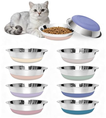 HSIGIO 8 Pack Stainless Steel Cat Bowls, Non-Slip Metal Cat Dishes Whisker Friendly, Easy to Clean, 5.5 Shallow Wide Cat Food and Water Feeding Bowl for Indoor Outdoor Cats, Kitchen