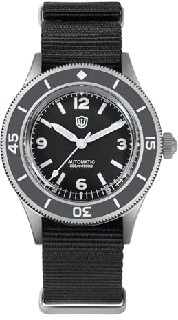 watchdives Taucheruhr für Herren, Vintage WD50 Fathoms NH35 NH38 Automatikuhren, 40 mm, Gewölbtes Glas, 300 m wasserdichte Taucherarmbanduhr, Schwarzes Zifferblatt mit Nylon-Uhrenarmband