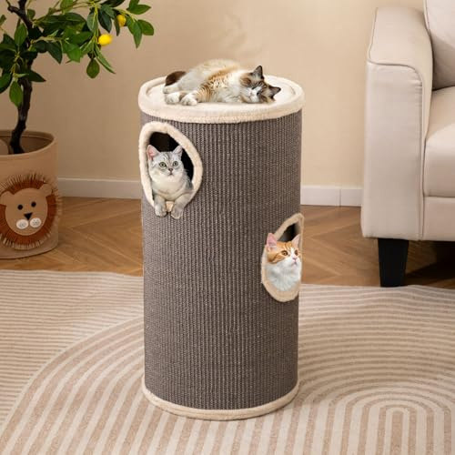 COSTWAY Kratztonne, Ø 36 cm, 70 cm hoch, Katzentonne mit Sisal-Kratzbrett, 3 Katzenhöhlen, Plüschbett & Plüschrand, 4-stöckiger Kratzbaum, für kleine und mittelgroße Katzen bis 15 kg (Grau)