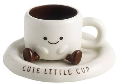 Kaffeetasse mit Smiley-Gesicht und Untertasse aus Keramik, niedliche Kawaii-3D-Milchtasse, lustiges und ästhetisches Geschenk, entzückende Tasse mit kleinen Füßen