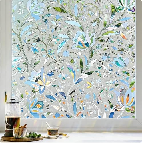 Window Film with Rainbow Effect, Translucent Matte Privacy Film, No Glue, Self-Adhesive, Decorative for Bedroom, Living Room, Glass Doors, Crescent Backing with Gladiolus, 40x500cm